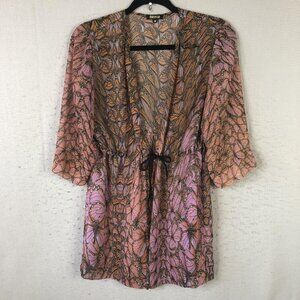 Dolcessa Cover Up Womens Medium Pink Orange Butterfly Print Sheer Kimono Swim